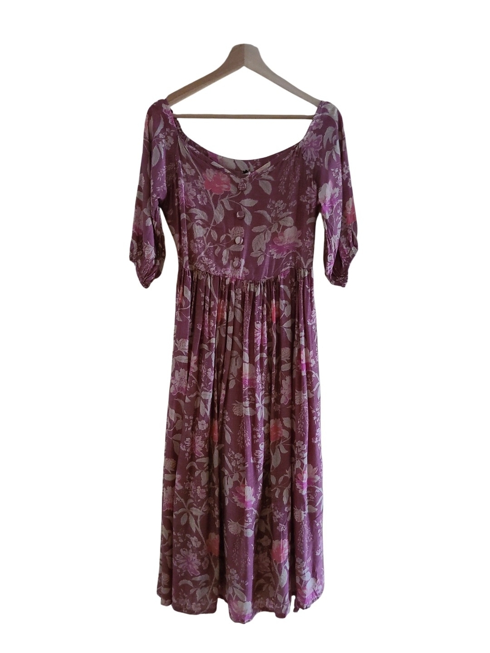 No Brand European Sizing Cotton Gauzy Mauve Floral Midi Dress Tie Waist Boho